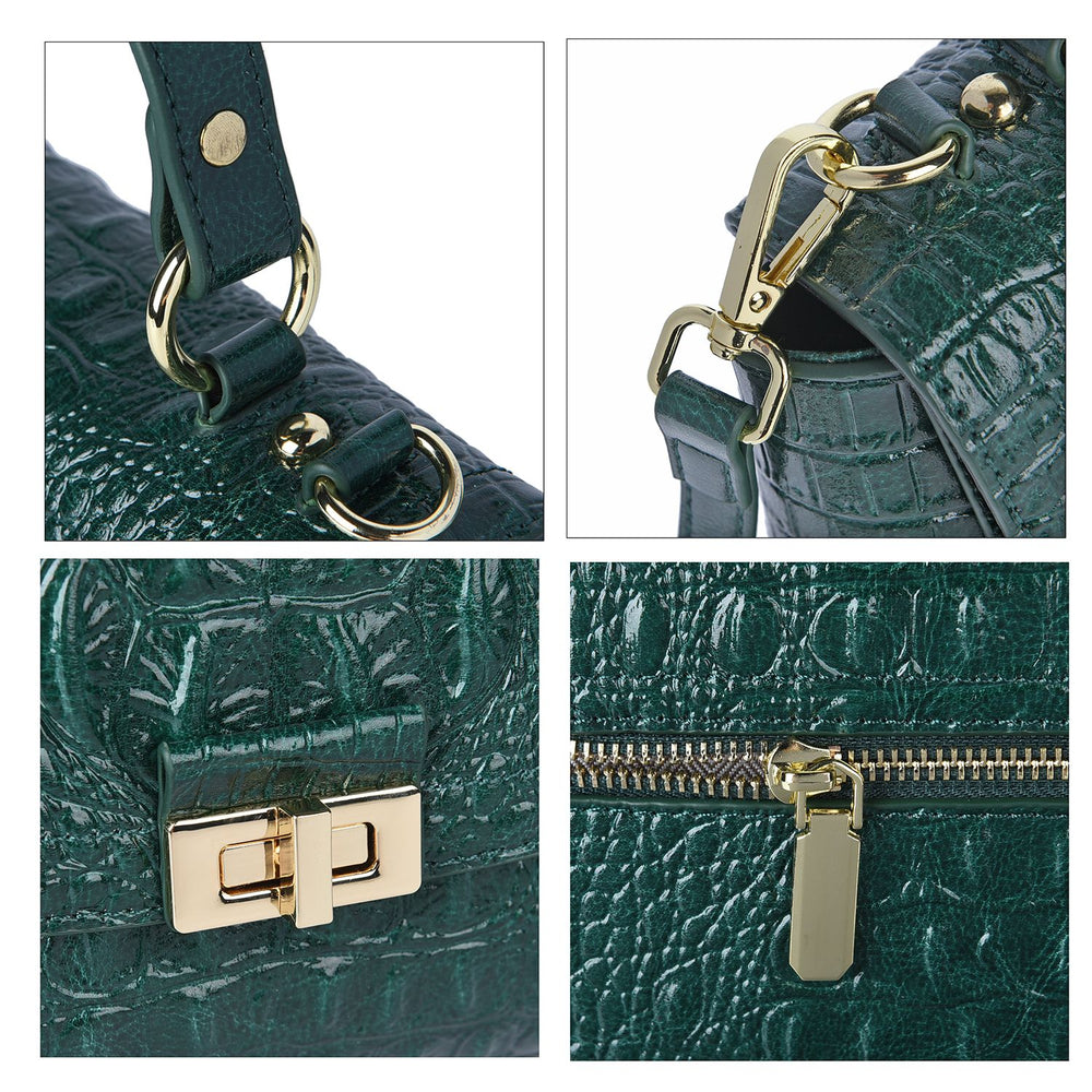 100% Genuine Leather Croc Embossed Convertible Bag with Detachable Long Strap - Green_7311072_4