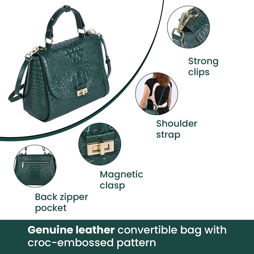 100% Genuine Leather Croc Embossed Convertible Bag with Detachable Long Strap - Green_7311072_6