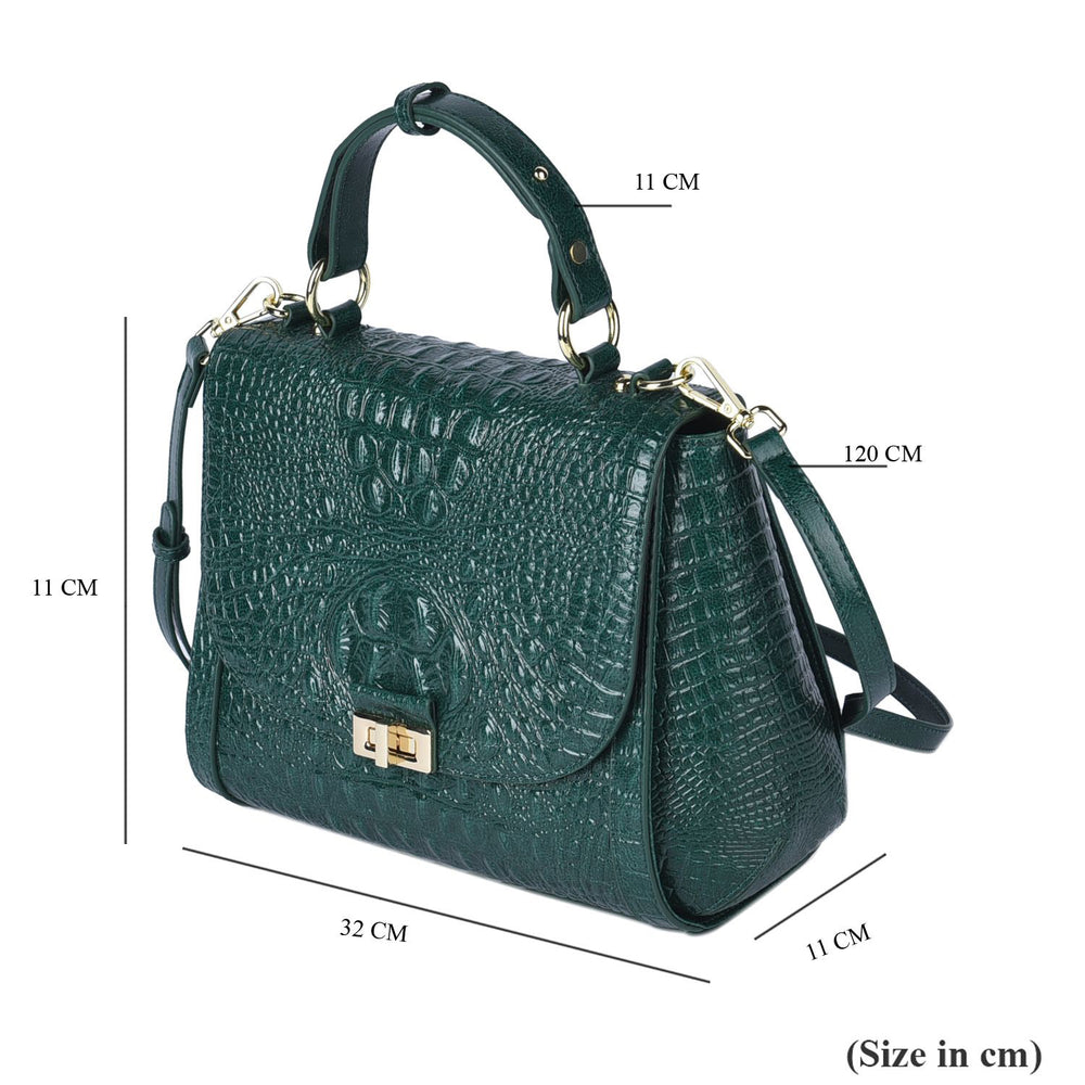 100% Genuine Leather Croc Embossed Convertible Bag with Detachable Long Strap - Green_7311072_7
