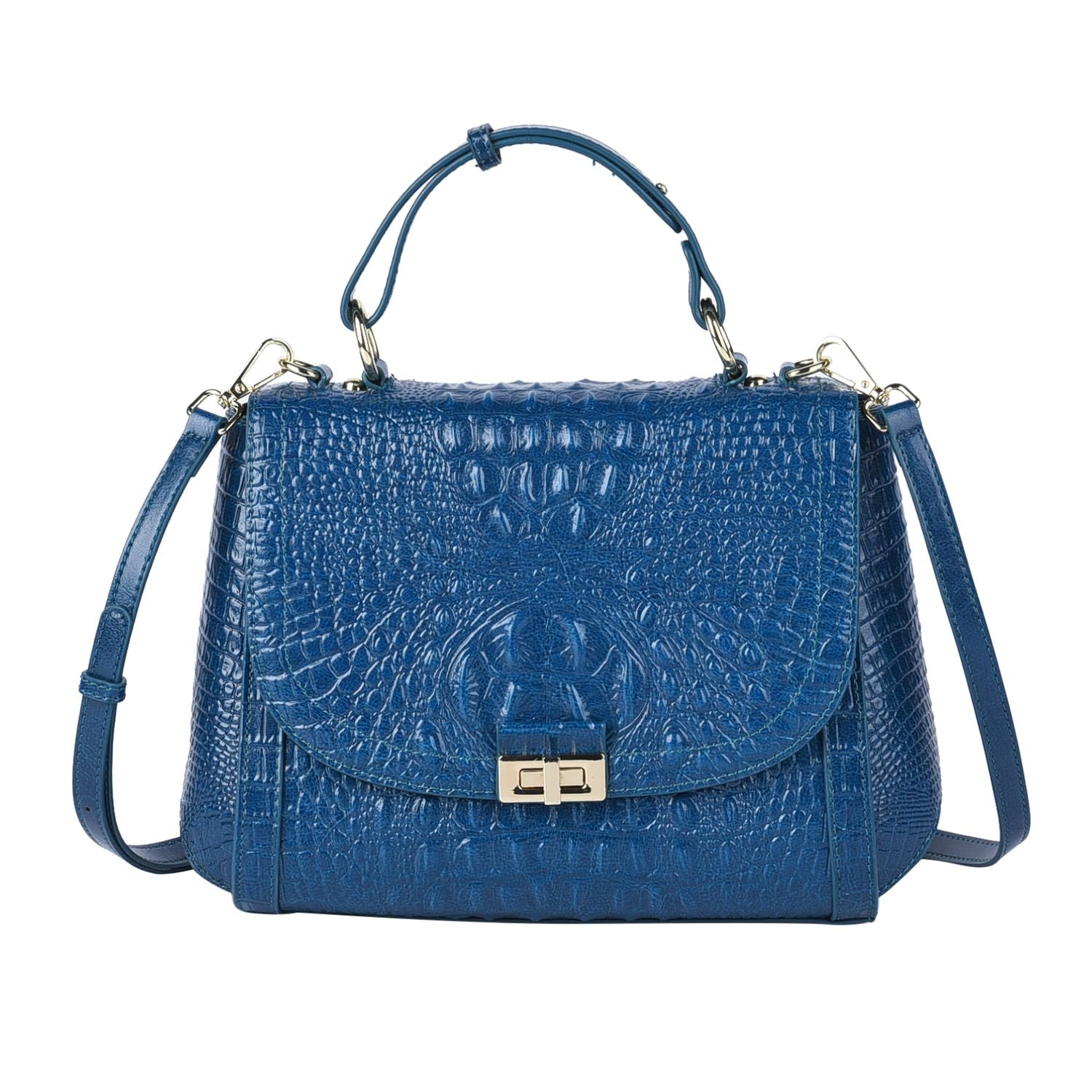 Black Friday Doorbuster - 100% Genuine Leather Croc Embossed Convertible Bag with Detachable Long Strap - Teal Blue_7311073