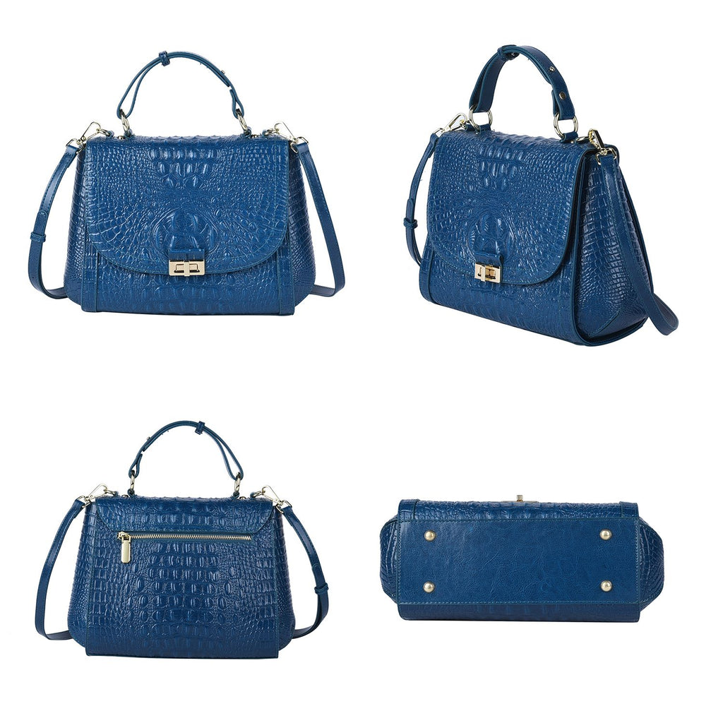 Black Friday Doorbuster - 100% Genuine Leather Croc Embossed Convertible Bag with Detachable Long Strap - Teal Blue_7311073_3