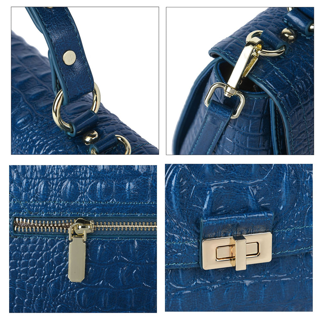 Black Friday Doorbuster - 100% Genuine Leather Croc Embossed Convertible Bag with Detachable Long Strap - Teal Blue_7311073_4