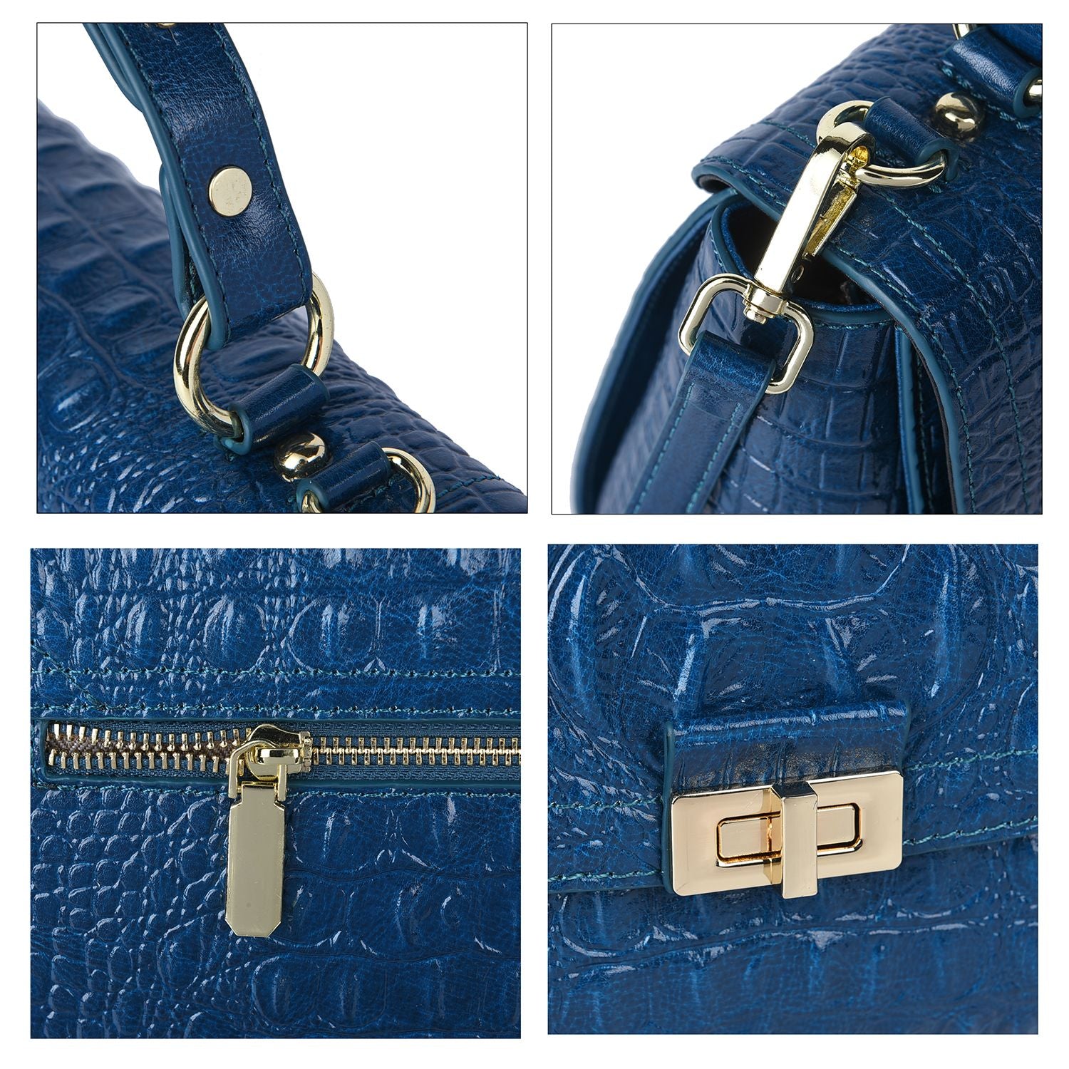 Black Friday Doorbuster - 100% Genuine Leather Croc Embossed Convertible Bag with Detachable Long Strap - Teal Blue_7311073_4