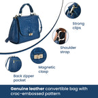 Black Friday Doorbuster - 100% Genuine Leather Croc Embossed Convertible Bag with Detachable Long Strap - Teal Blue_7311073_6