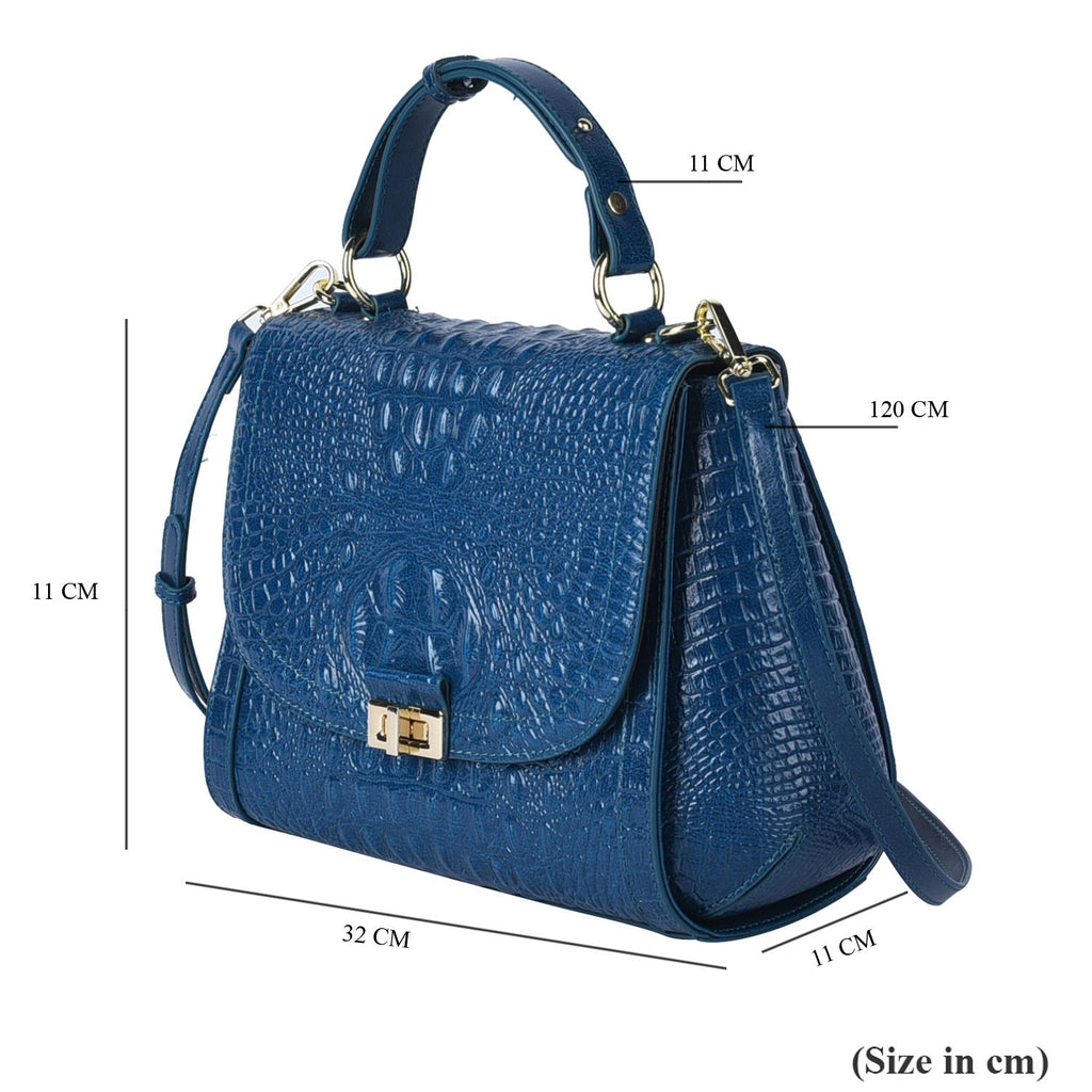 Black Friday Doorbuster - 100% Genuine Leather Croc Embossed Convertible Bag with Detachable Long Strap - Teal Blue_7311073_7