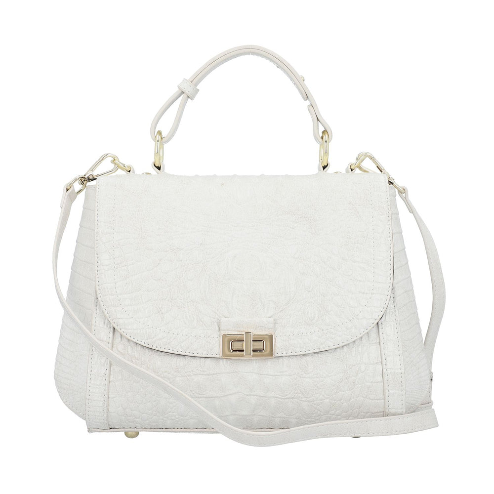 Black Friday Doorbuster - 100% Genuine Leather Croc Embossed Convertible Bag with Detachable Long Strap - Off-White_7311076
