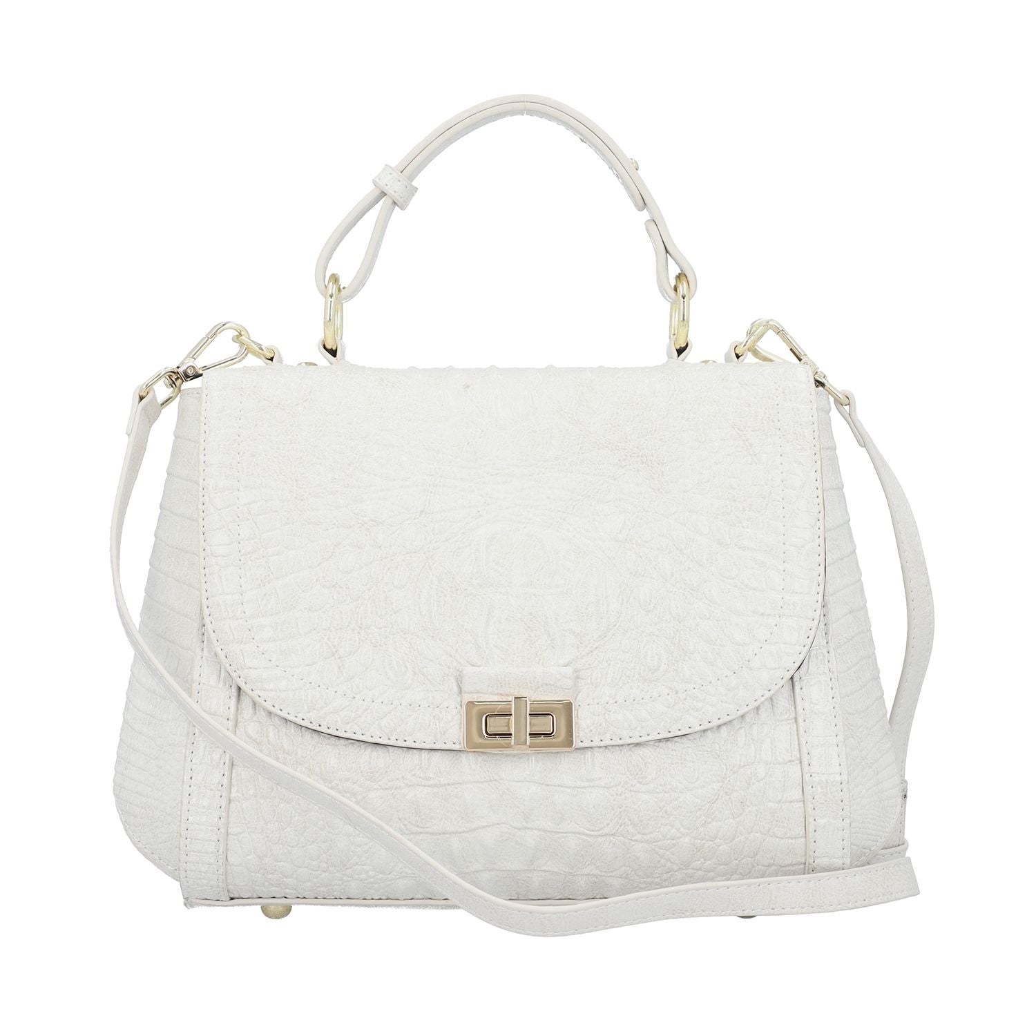 Black Friday Doorbuster - 100% Genuine Leather Croc Embossed Convertible Bag with Detachable Long Strap - Off-White_7311076