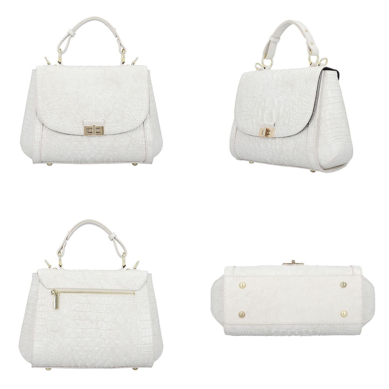 Black Friday Doorbuster - 100% Genuine Leather Croc Embossed Convertible Bag with Detachable Long Strap - Off-White_7311076_3