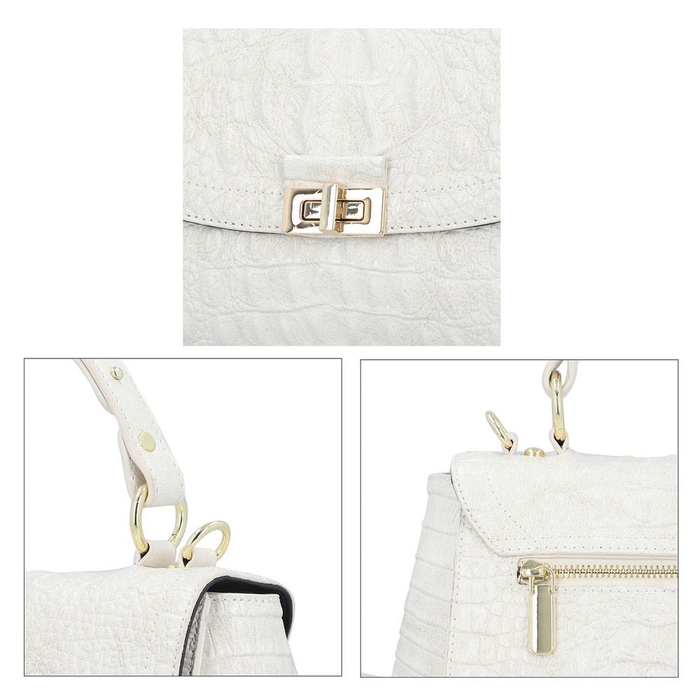 Black Friday Doorbuster - 100% Genuine Leather Croc Embossed Convertible Bag with Detachable Long Strap - Off-White_7311076_4