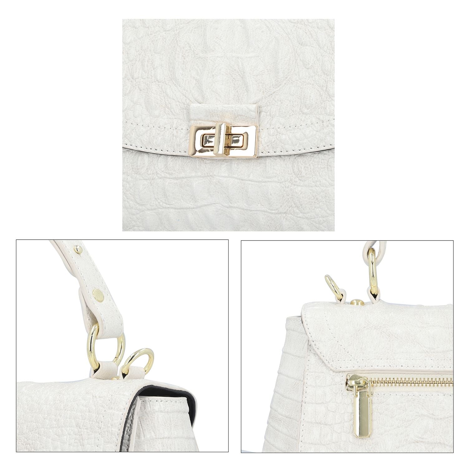 Black Friday Doorbuster - 100% Genuine Leather Croc Embossed Convertible Bag with Detachable Long Strap - Off-White_7311076_4