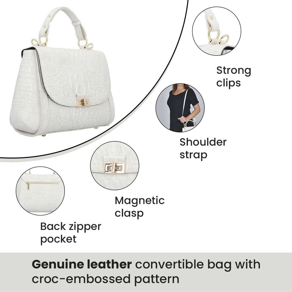 Black Friday Doorbuster - 100% Genuine Leather Croc Embossed Convertible Bag with Detachable Long Strap - Off-White_7311076_6