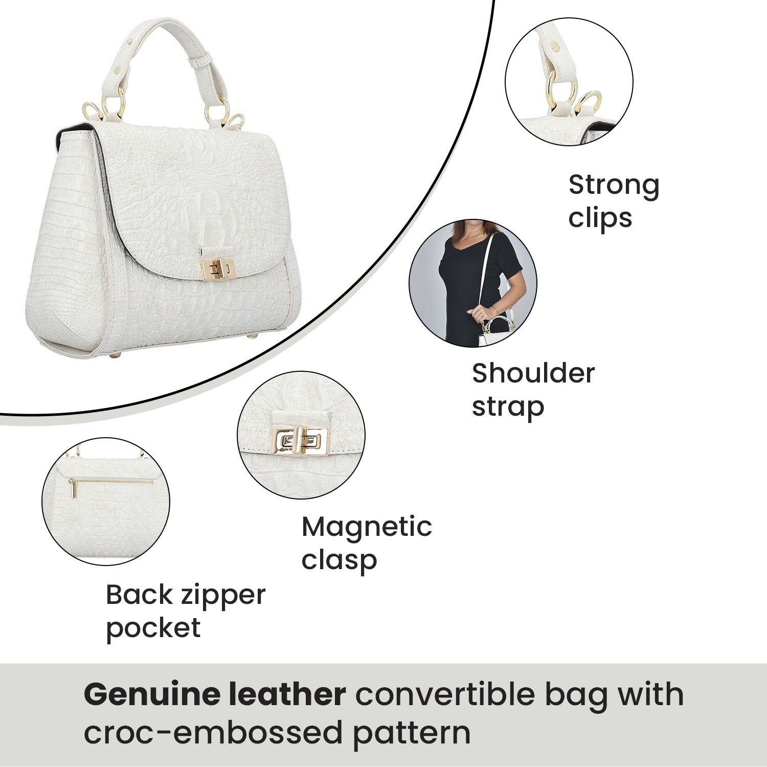 Black Friday Doorbuster - 100% Genuine Leather Croc Embossed Convertible Bag with Detachable Long Strap - Off-White_7311076_6