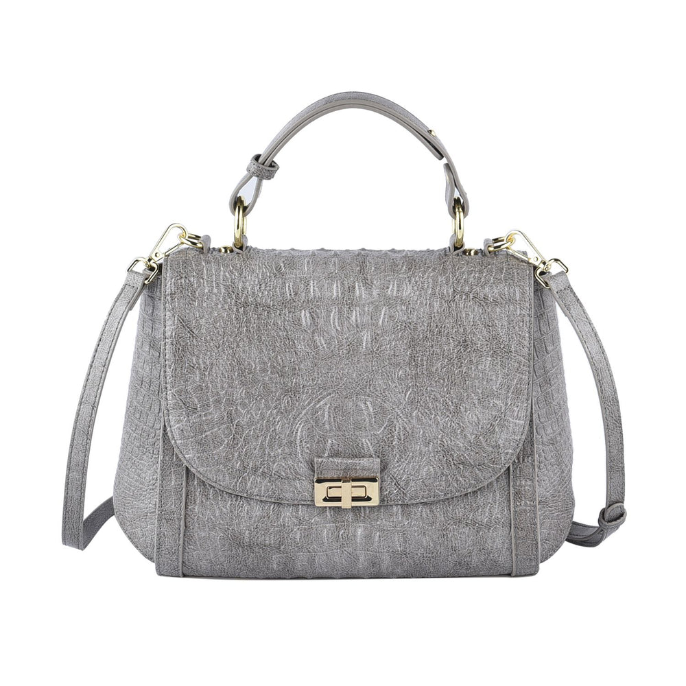 Black Friday Doorbuster -100% Genuine Leather Croc Embossed Convertible Bag with Detachable Long Strap - Grey_7311077