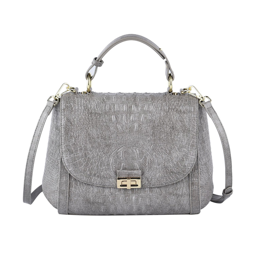 Black Friday Doorbuster -100% Genuine Leather Croc Embossed Convertible Bag with Detachable Long Strap - Grey_7311077