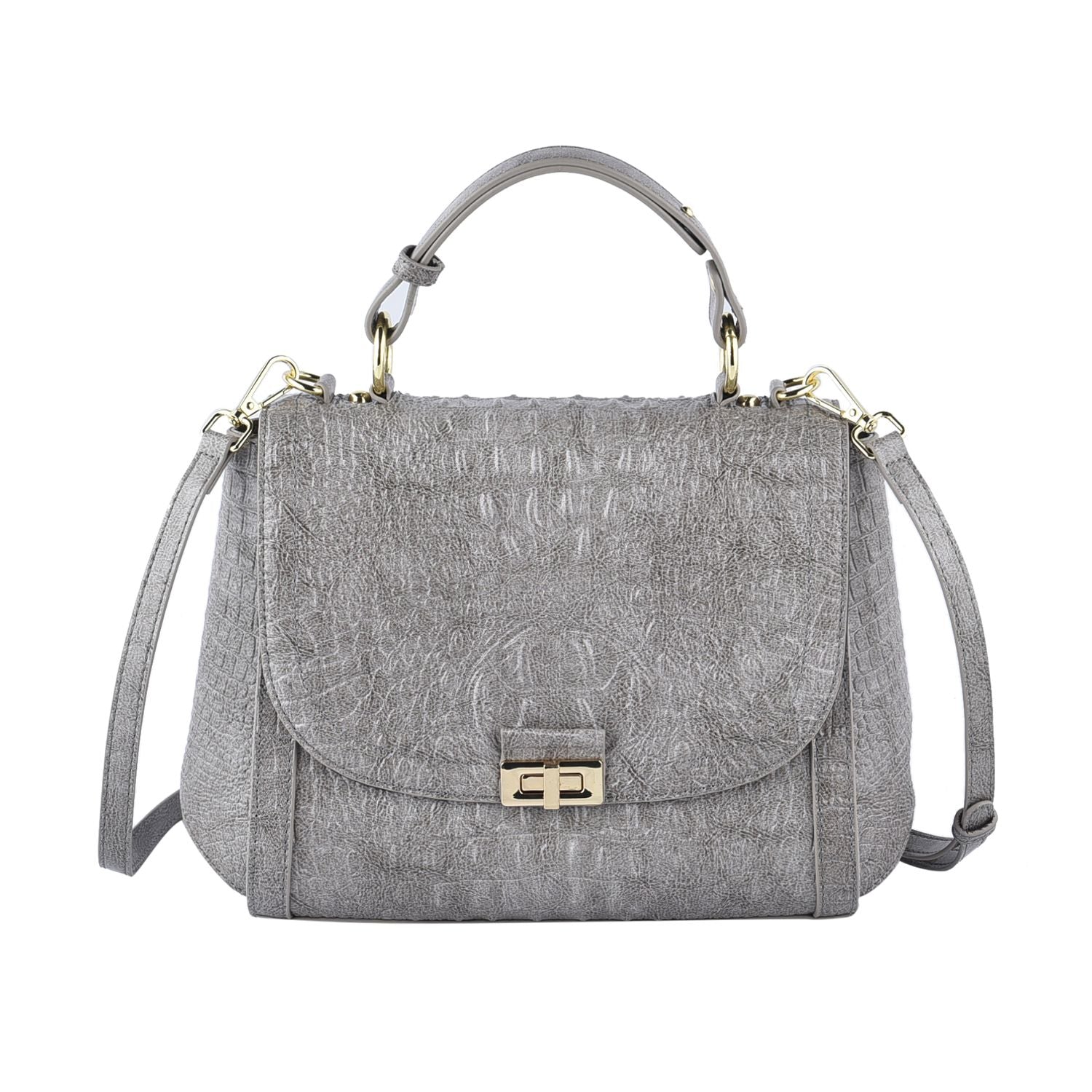 Black Friday Doorbuster -100% Genuine Leather Croc Embossed Convertible Bag with Detachable Long Strap - Grey_7311077