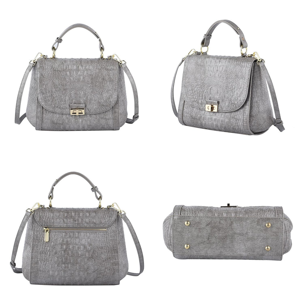 Black Friday Doorbuster -100% Genuine Leather Croc Embossed Convertible Bag with Detachable Long Strap - Grey_7311077_3