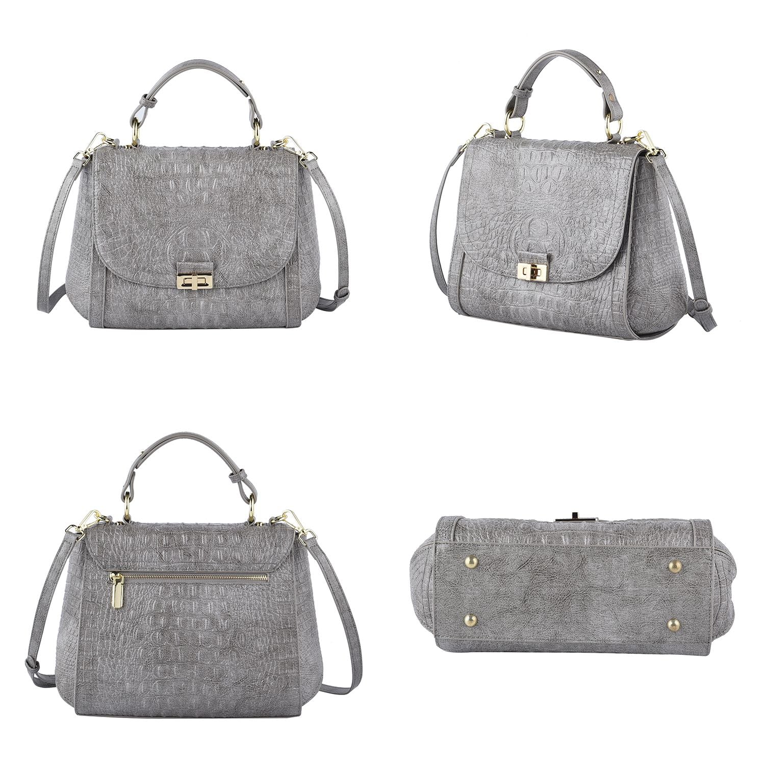 Black Friday Doorbuster -100% Genuine Leather Croc Embossed Convertible Bag with Detachable Long Strap - Grey_7311077_3