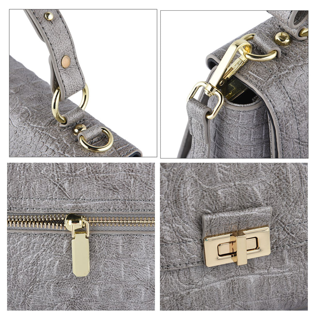 Black Friday Doorbuster -100% Genuine Leather Croc Embossed Convertible Bag with Detachable Long Strap - Grey_7311077_4