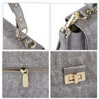 Black Friday Doorbuster -100% Genuine Leather Croc Embossed Convertible Bag with Detachable Long Strap - Grey_7311077_4