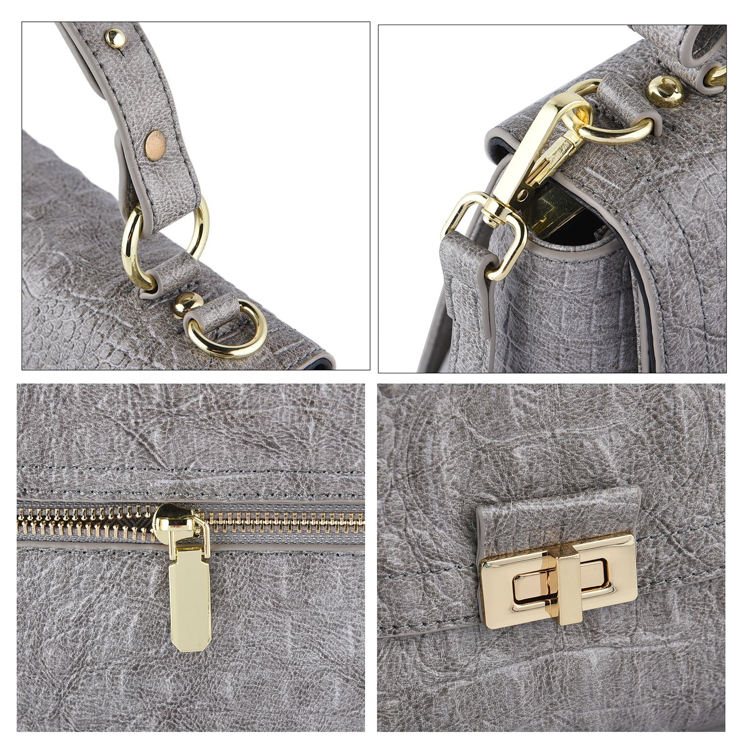 Black Friday Doorbuster -100% Genuine Leather Croc Embossed Convertible Bag with Detachable Long Strap - Grey_7311077_4
