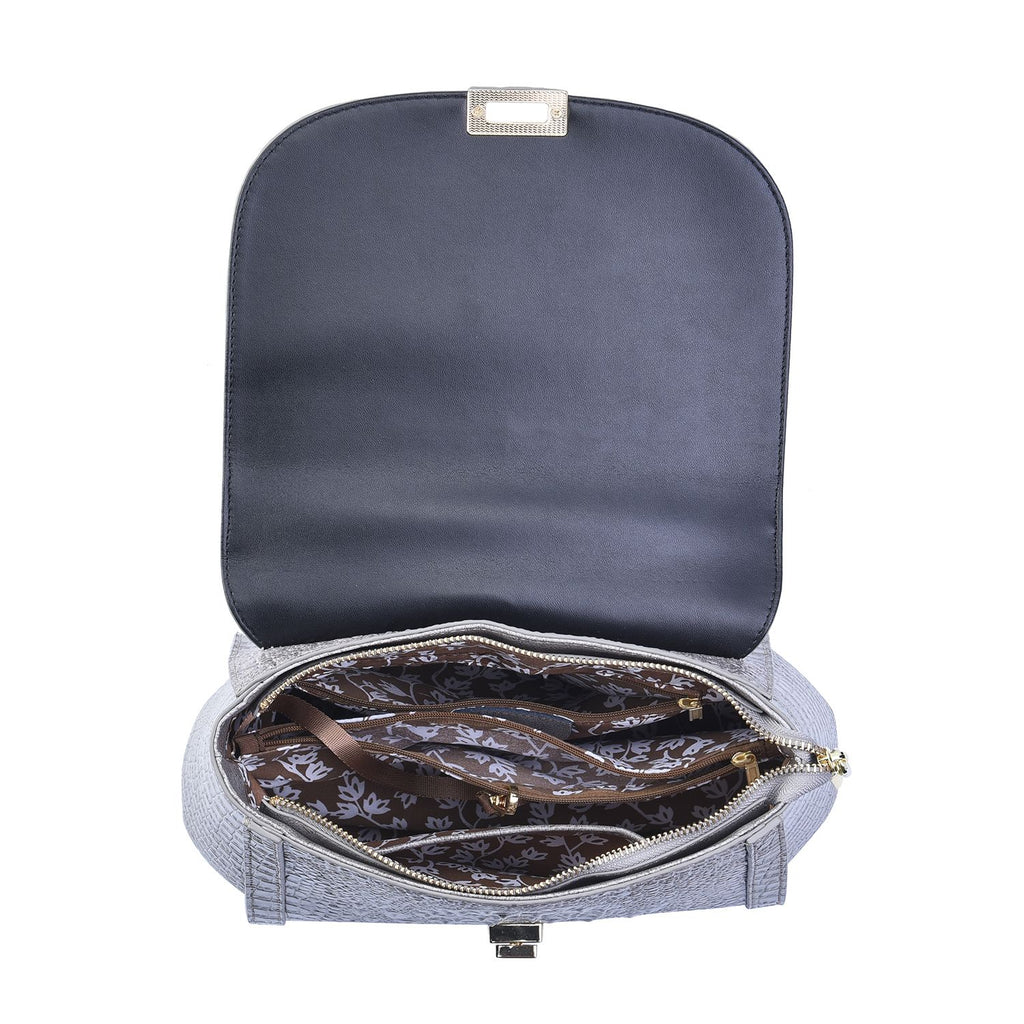 Black Friday Doorbuster -100% Genuine Leather Croc Embossed Convertible Bag with Detachable Long Strap - Grey_7311077_5