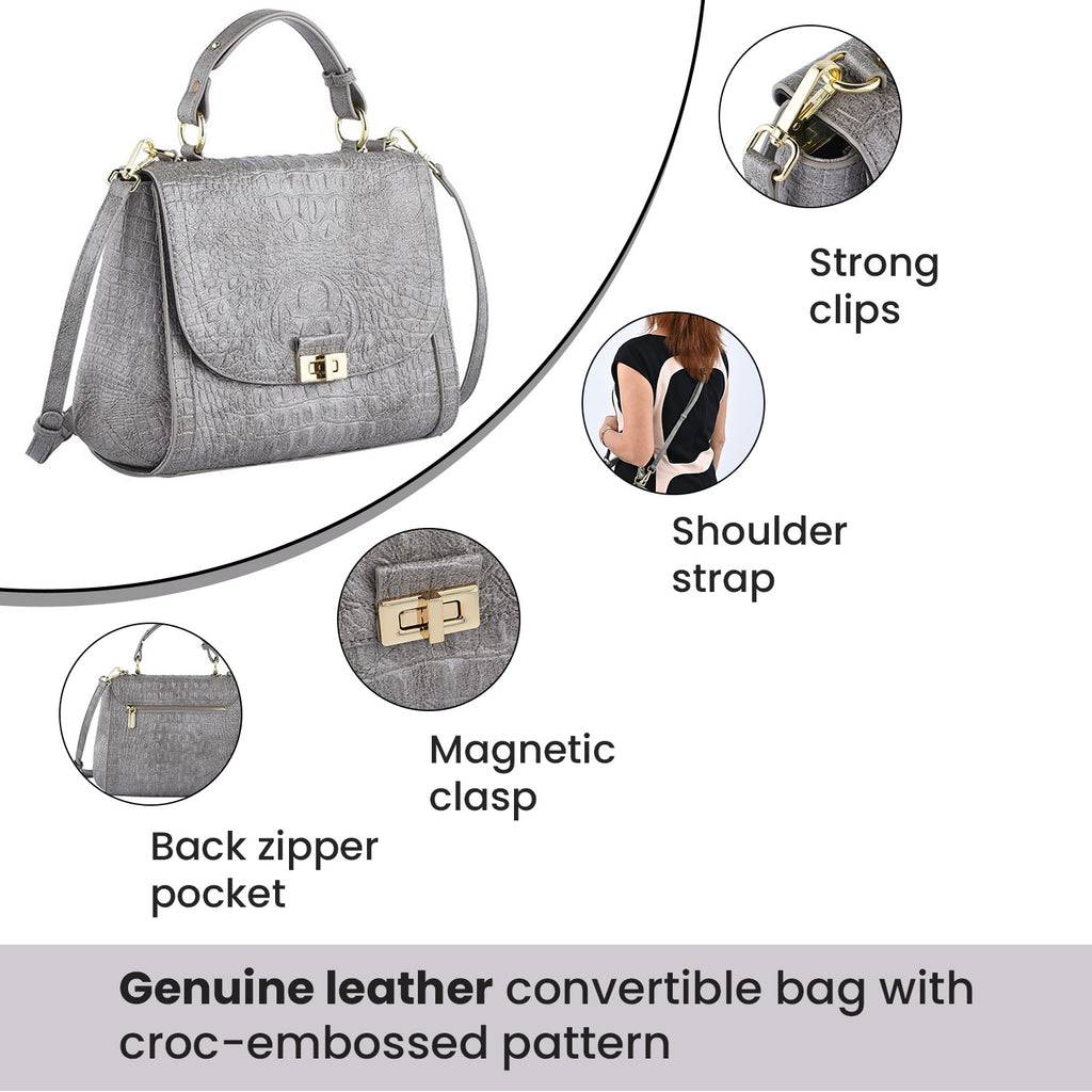 Black Friday Doorbuster -100% Genuine Leather Croc Embossed Convertible Bag with Detachable Long Strap - Grey_7311077_6