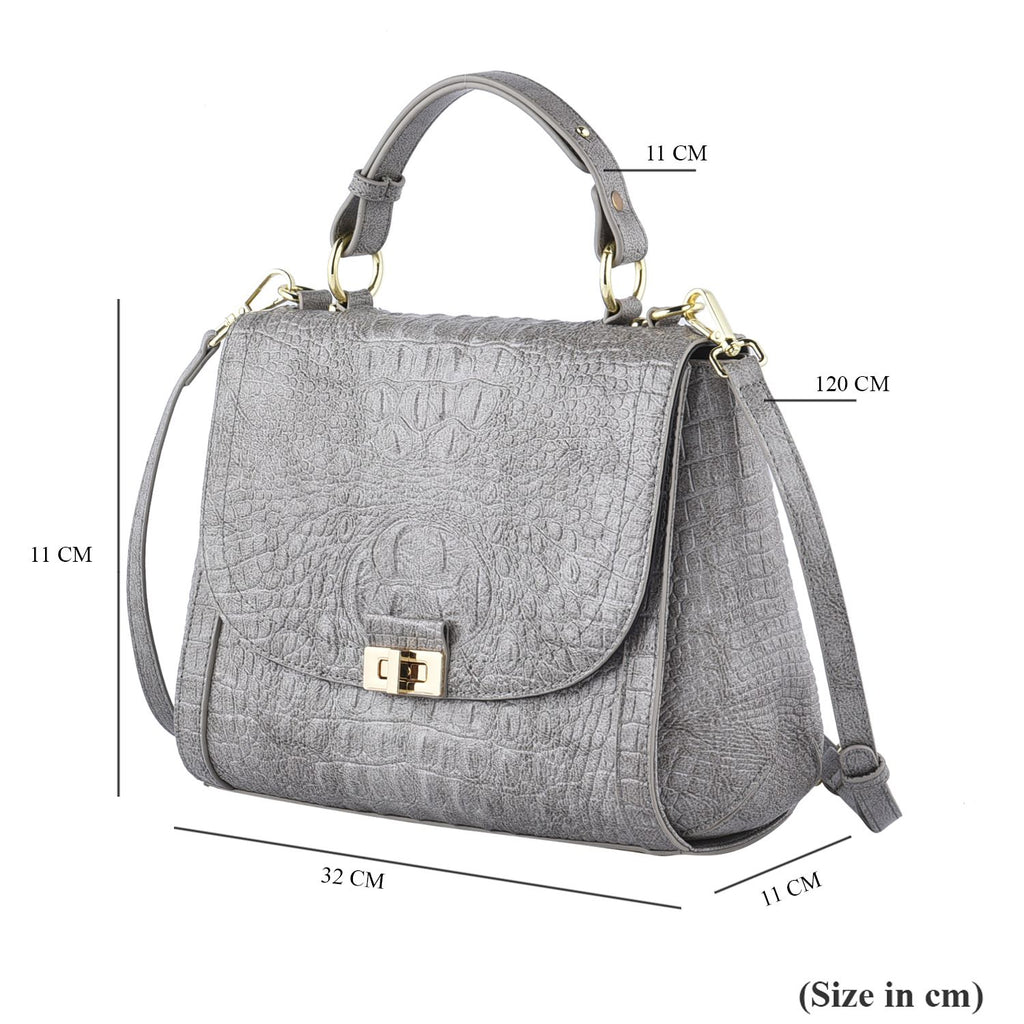 Black Friday Doorbuster -100% Genuine Leather Croc Embossed Convertible Bag with Detachable Long Strap - Grey_7311077_7