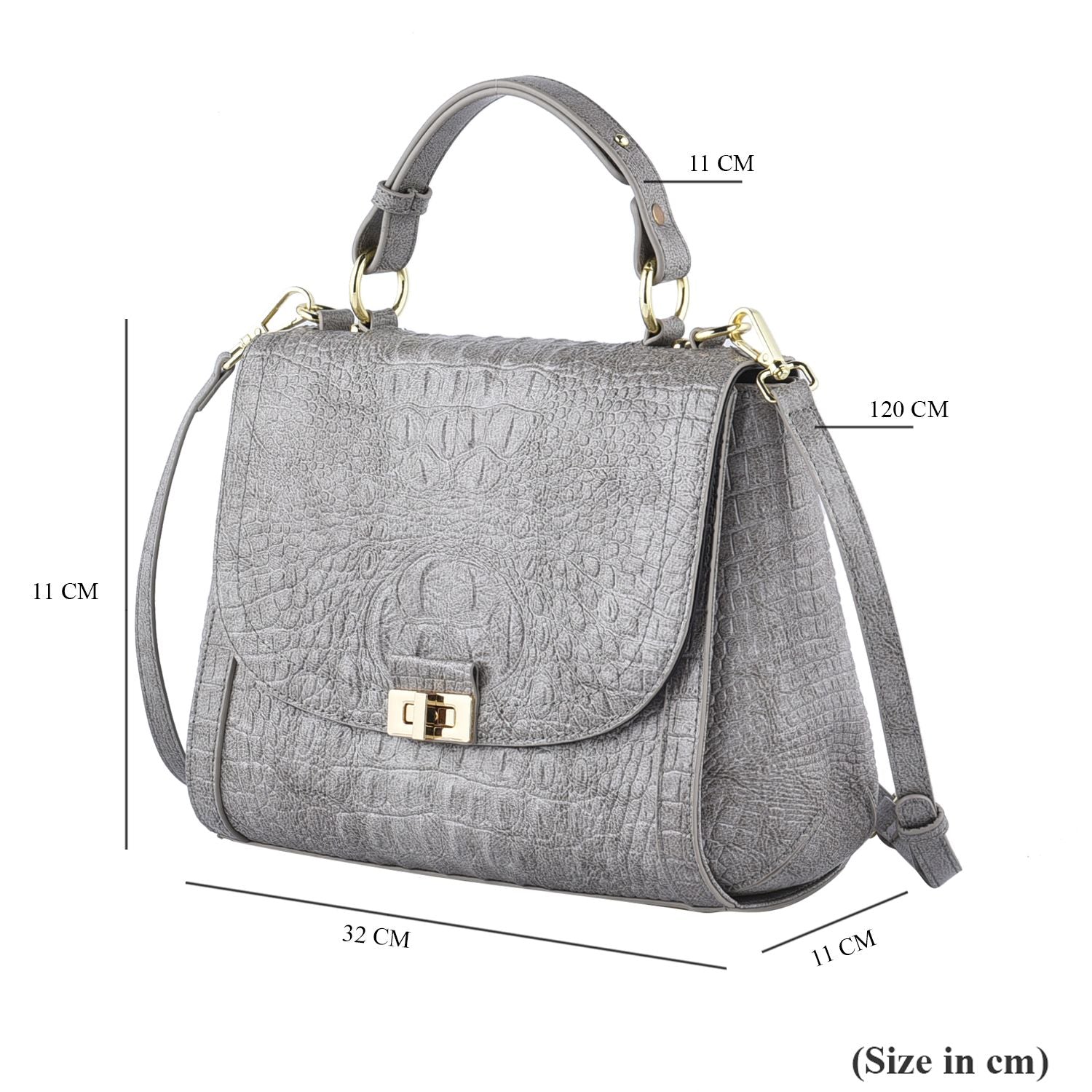 Black Friday Doorbuster -100% Genuine Leather Croc Embossed Convertible Bag with Detachable Long Strap - Grey_7311077_7