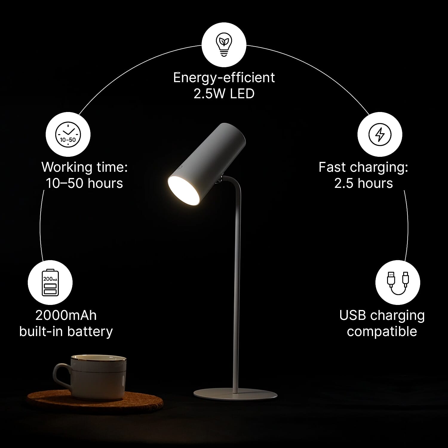 Multi Functional Rechargeable Small LED Lamp (Battery 2000mAh, Working Time - 10-15 hours) - White