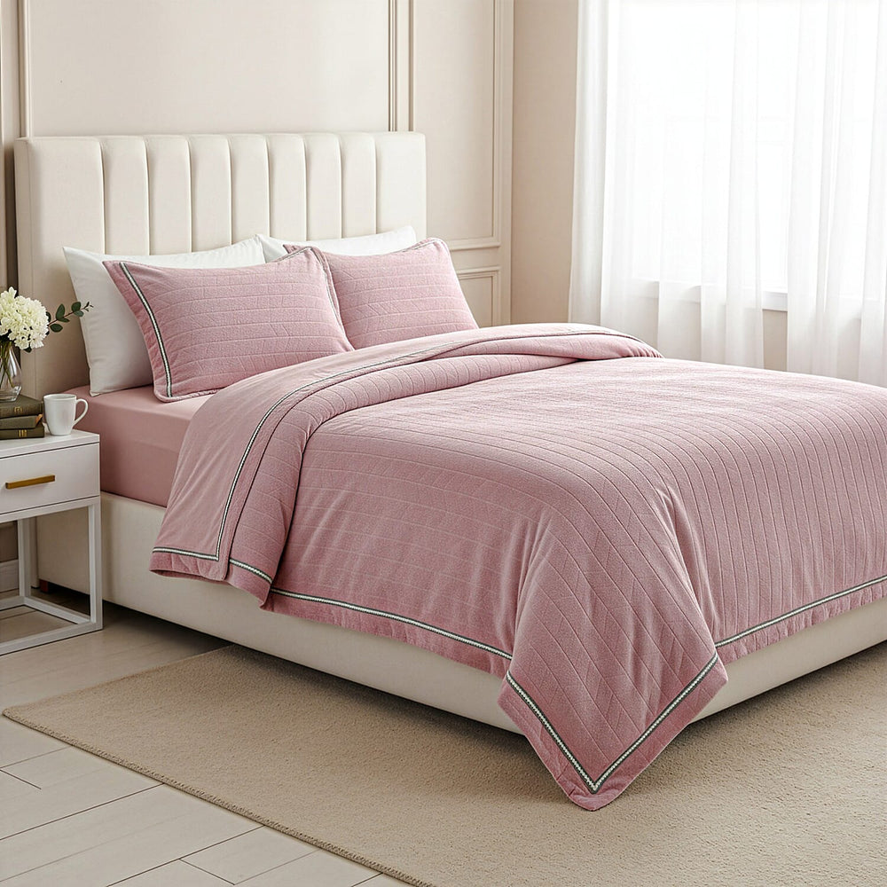 Luxury Velour Set of 3 Duvet Cover with 2 Oxford Pillow Cases - Pink Double