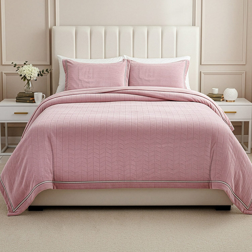 Luxury Velour Set of 3 Duvet Cover with 2 Oxford Pillow Cases - Pink Double