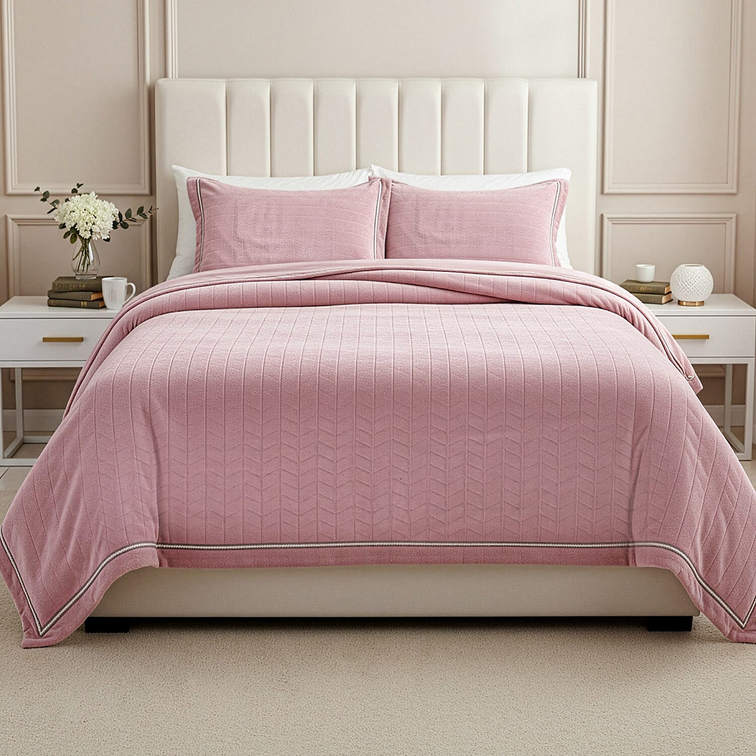 Luxury Velour Set of 3 Duvet Cover with 2 Oxford Pillow Cases - Pink Double