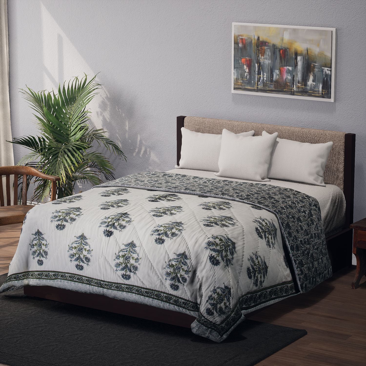 One Time Deal- 100% Cotton SANGANER Printed Quilt Comes with Bag (Double Size, 200x200 cm) - Blue & Green_7370419