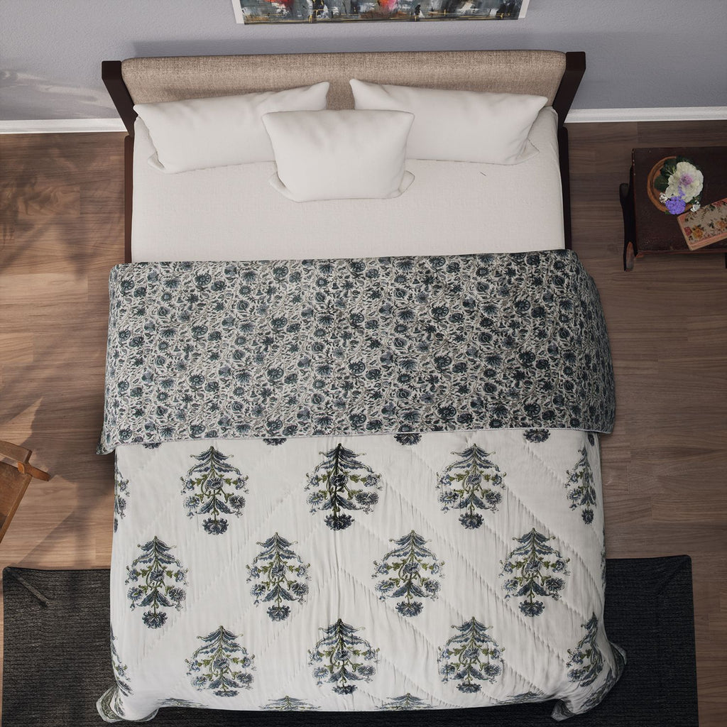 One Time Deal- 100% Cotton SANGANER Printed Quilt Comes with Bag (Double Size, 200x200 cm) - Blue & Green_7370419_2