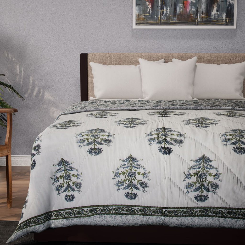 One Time Deal- 100% Cotton SANGANER Printed Quilt Comes with Bag (Double Size, 200x200 cm) - Blue & Green_7370419_3