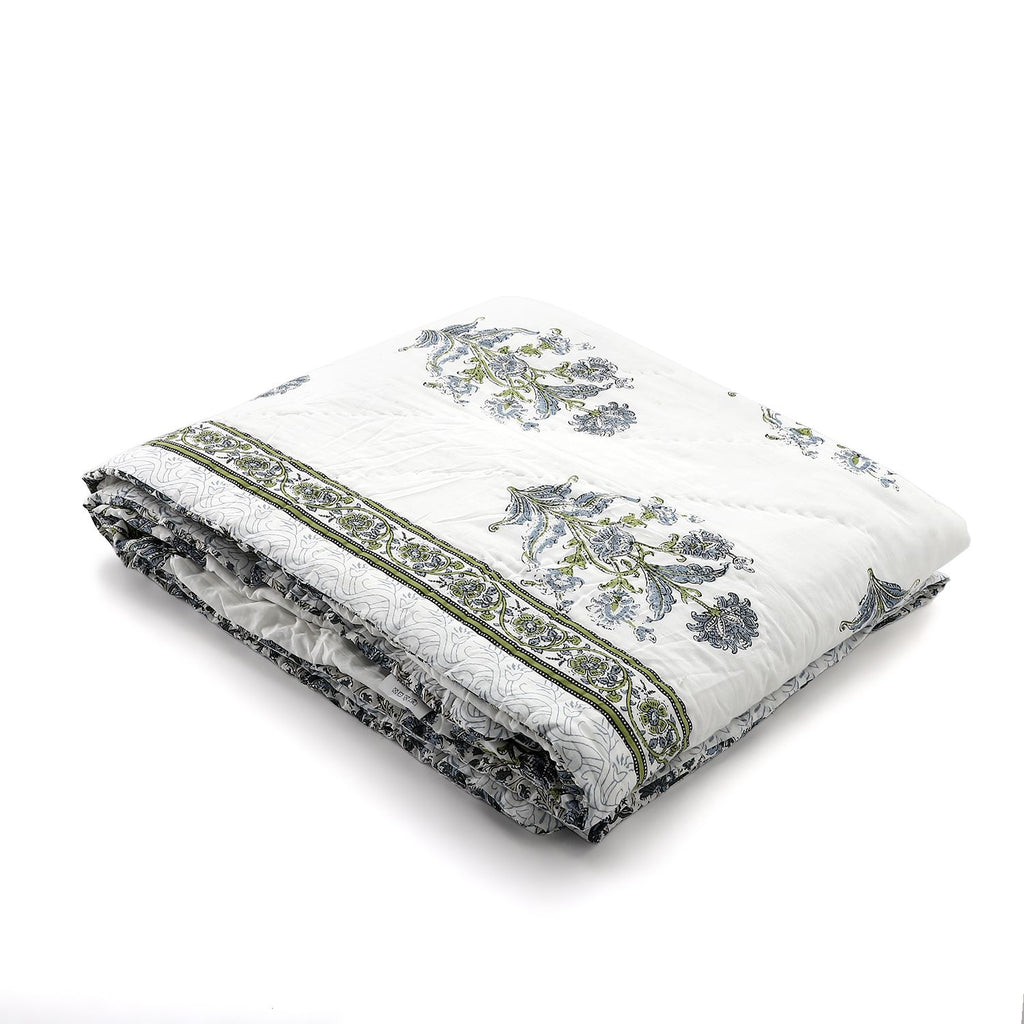 One Time Deal- 100% Cotton SANGANER Printed Quilt Comes with Bag (Double Size, 200x200 cm) - Blue & Green_7370419_4