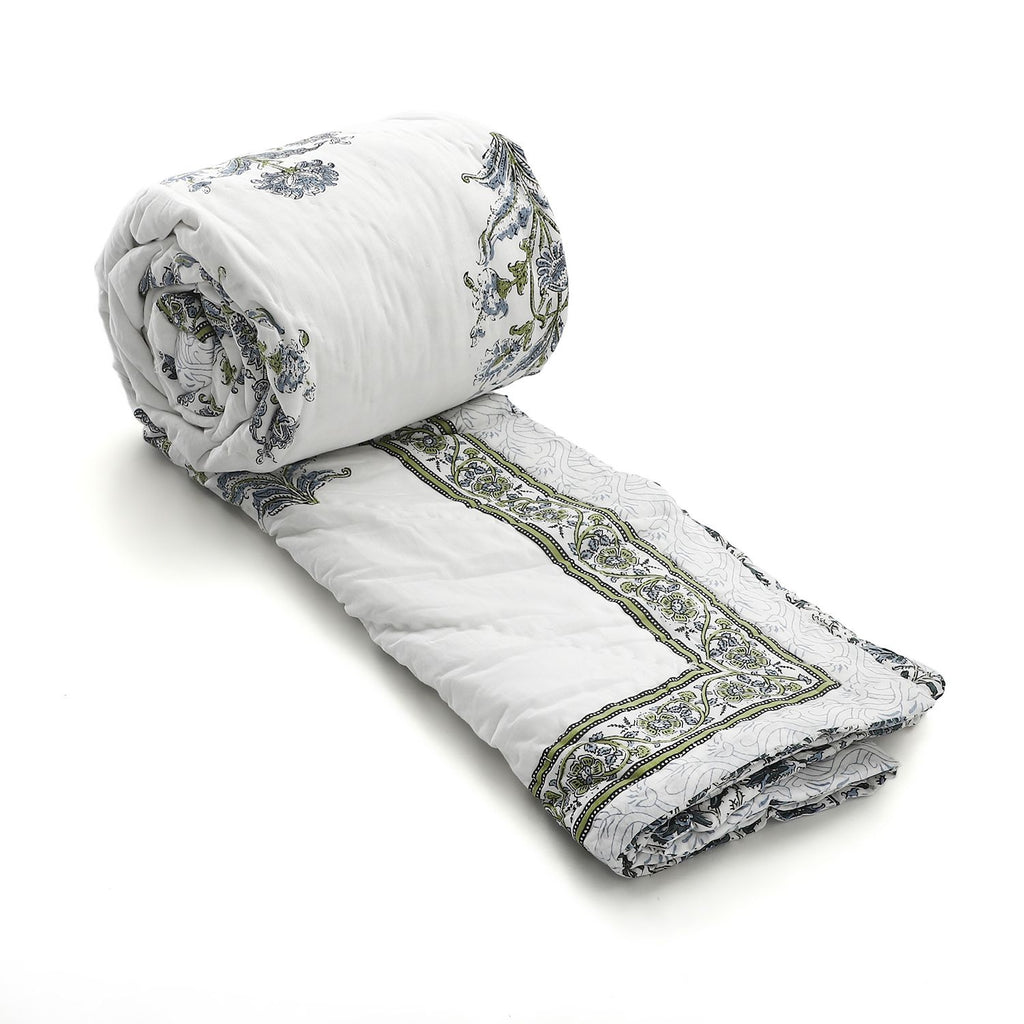 One Time Deal- 100% Cotton SANGANER Printed Quilt Comes with Bag (Double Size, 200x200 cm) - Blue & Green_7370419_5