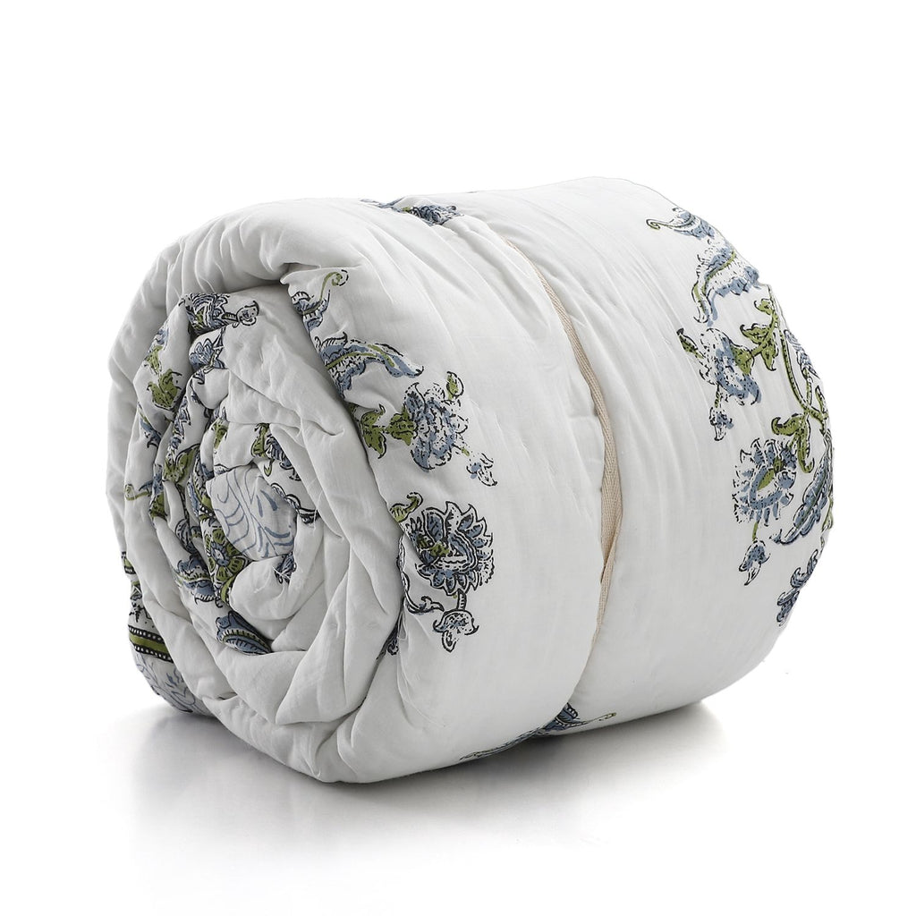 One Time Deal- 100% Cotton SANGANER Printed Quilt Comes with Bag (Double Size, 200x200 cm) - Blue & Green_7370419_6