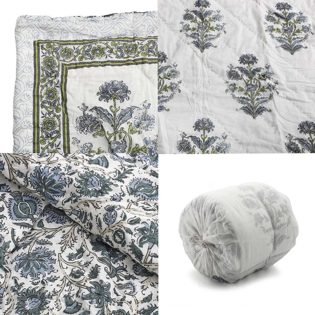 One Time Deal- 100% Cotton SANGANER Printed Quilt Comes with Bag (Double Size, 200x200 cm) - Blue & Green_7370419_7
