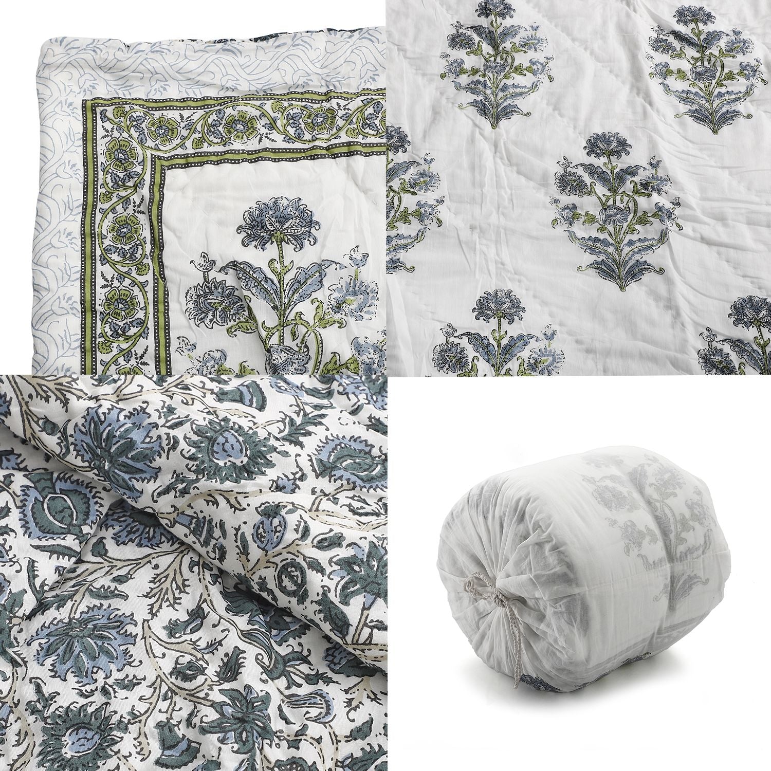 One Time Deal- 100% Cotton SANGANER Printed Quilt Comes with Bag (Double Size, 200x200 cm) - Blue & Green_7370419_7