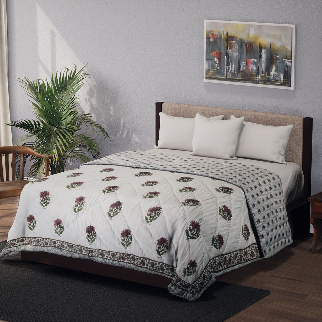 One Time Deal- 100% Cotton SANGANER Printed Quilt Comes with Bag (Double Size, 200x200 cm) - Pink & Olive Green_7370427
