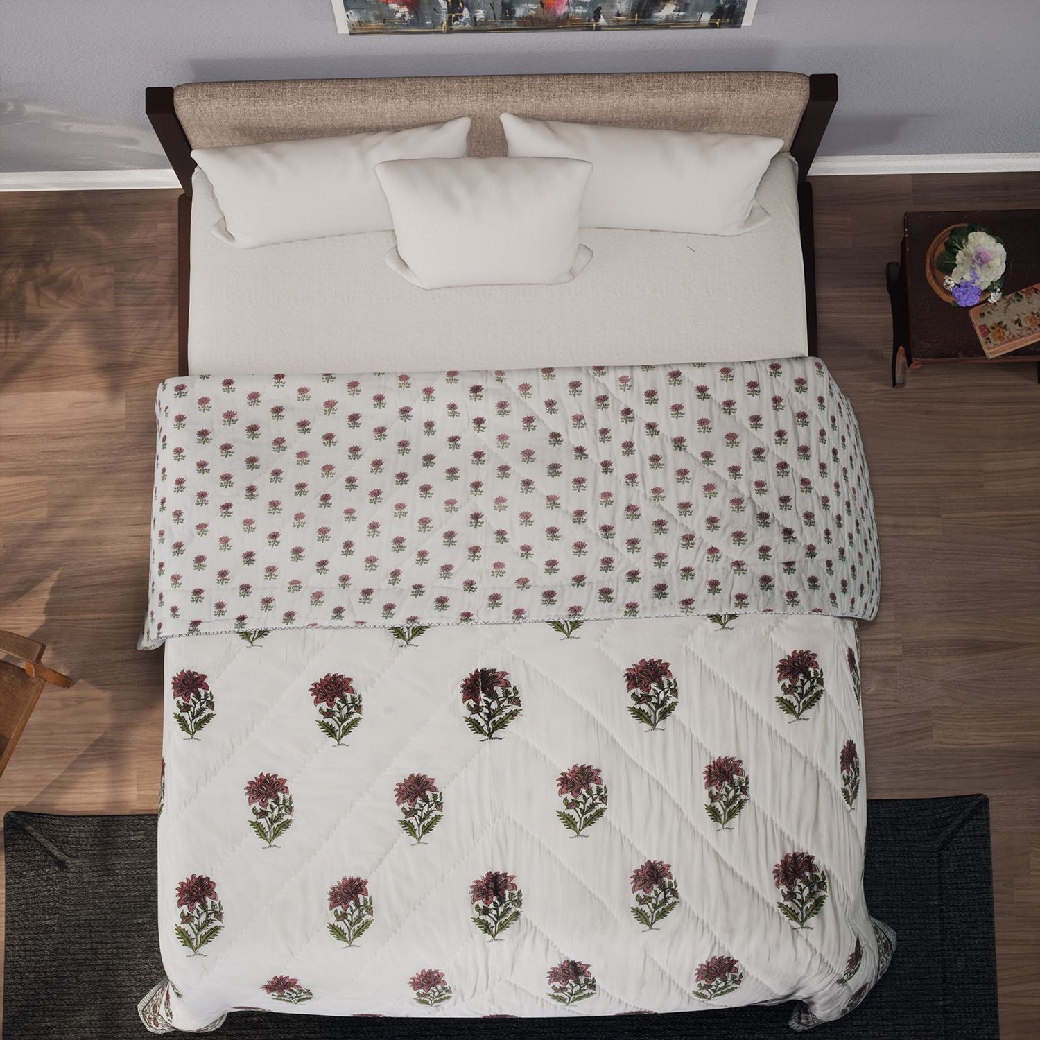 One Time Deal- 100% Cotton SANGANER Printed Quilt Comes with Bag (Double Size, 200x200 cm) - Pink & Olive Green_7370427_2