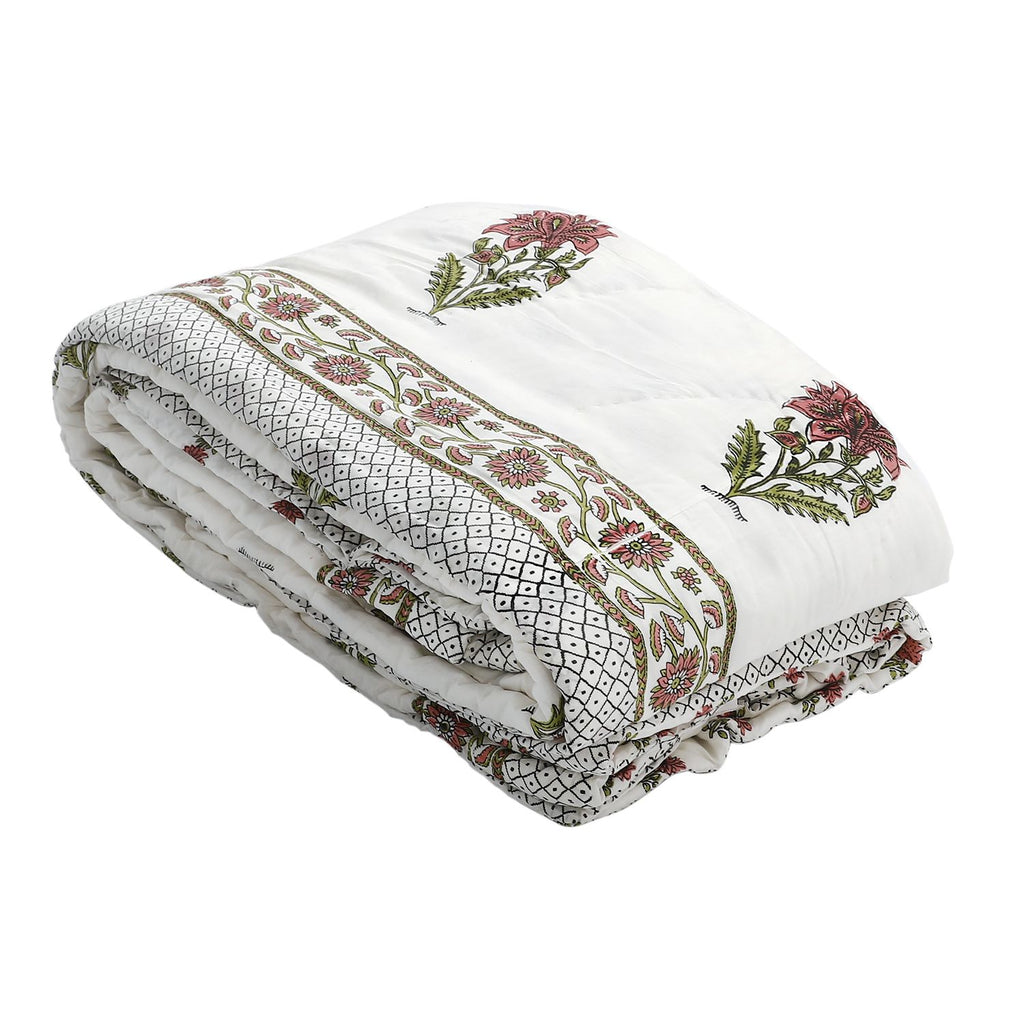 One Time Deal- 100% Cotton SANGANER Printed Quilt Comes with Bag (Double Size, 200x200 cm) - Pink & Olive Green_7370427_4