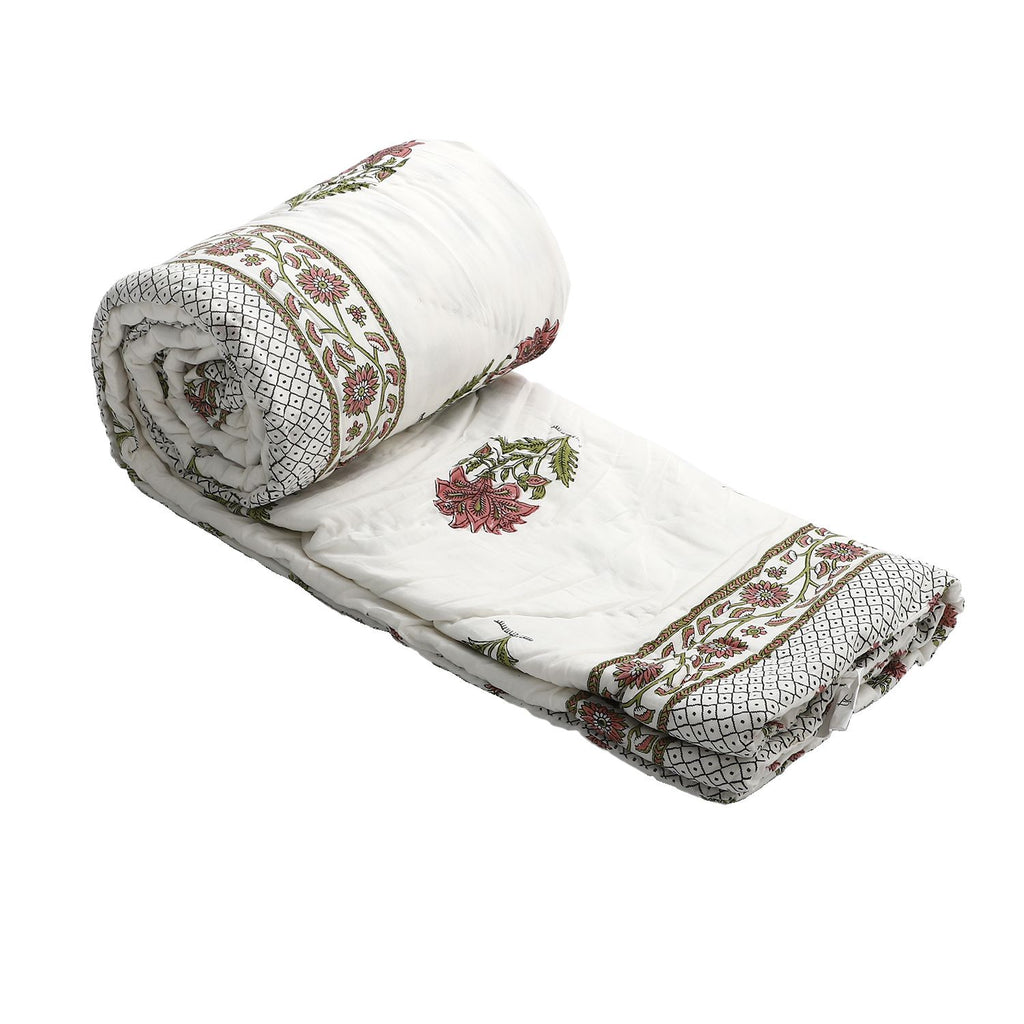 One Time Deal- 100% Cotton SANGANER Printed Quilt Comes with Bag (Double Size, 200x200 cm) - Pink & Olive Green_7370427_5