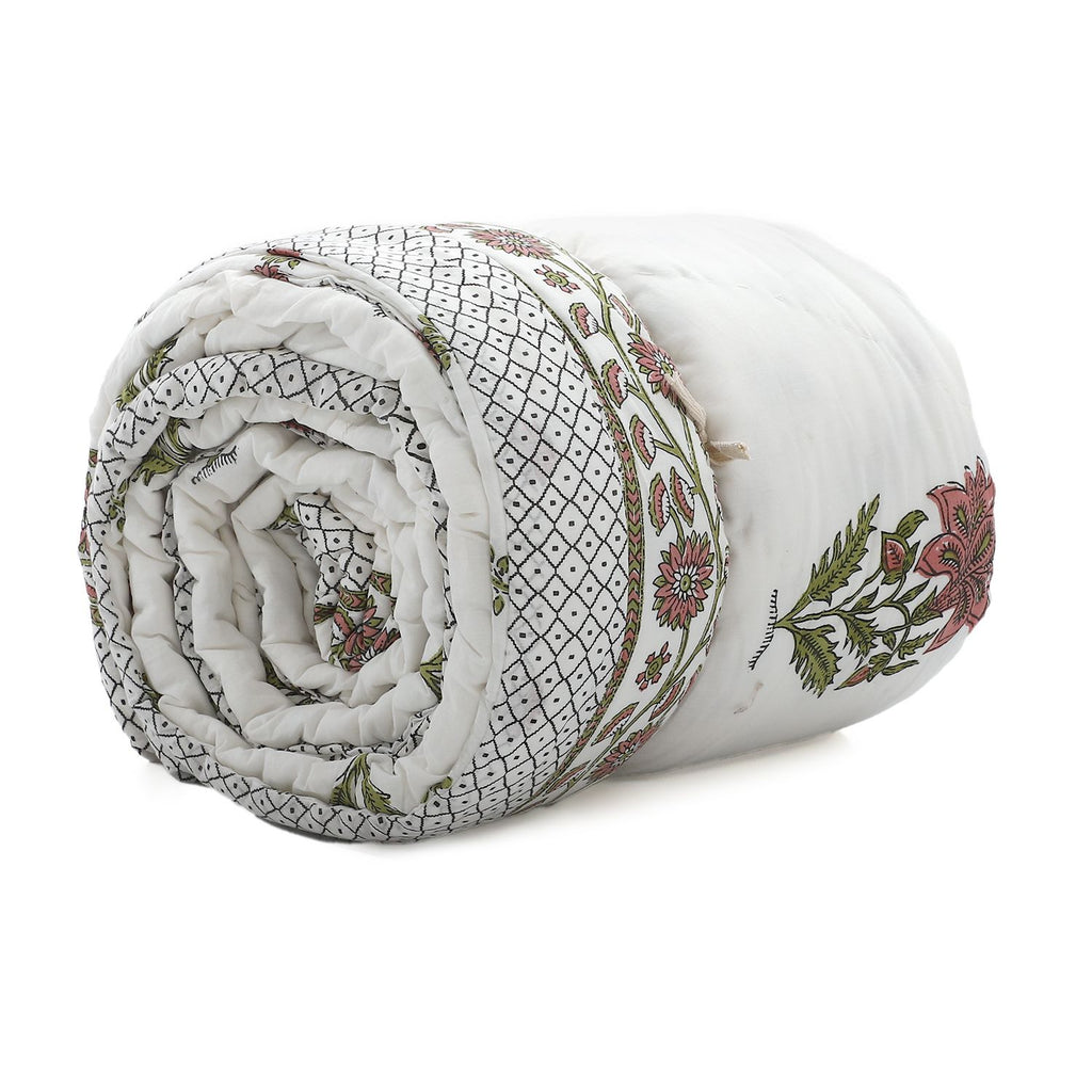 One Time Deal- 100% Cotton SANGANER Printed Quilt Comes with Bag (Double Size, 200x200 cm) - Pink & Olive Green_7370427_6