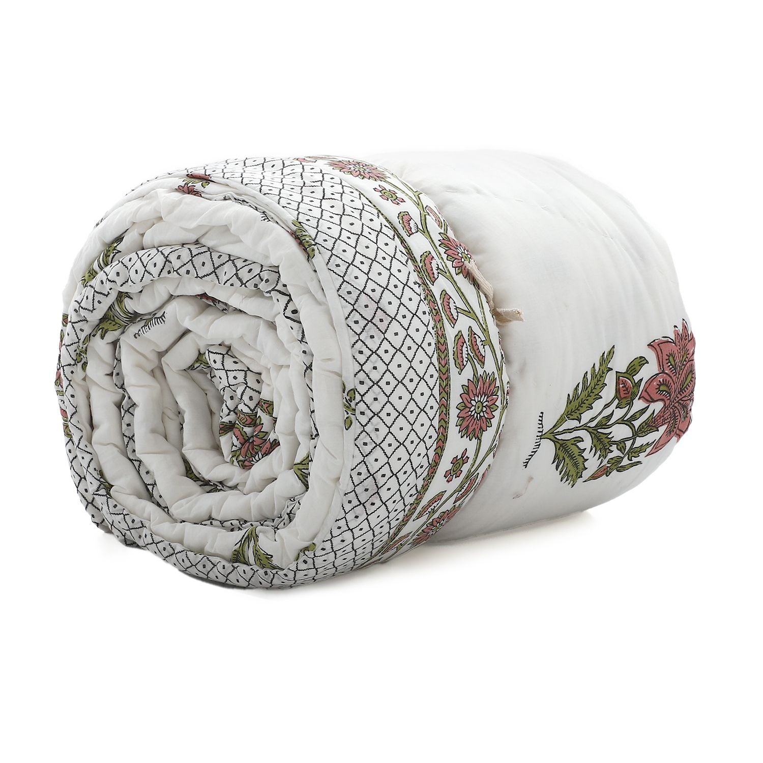 One Time Deal- 100% Cotton SANGANER Printed Quilt Comes with Bag (Double Size, 200x200 cm) - Pink & Olive Green_7370427_6