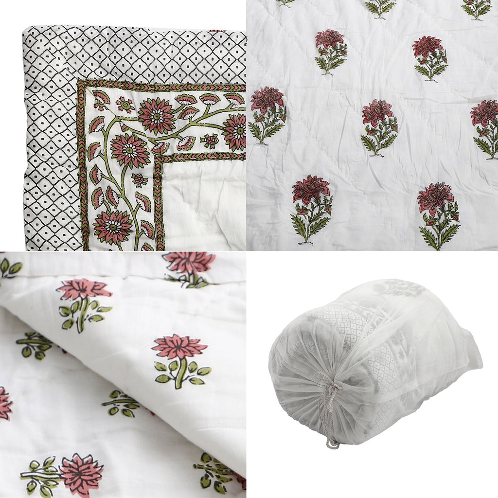 One Time Deal- 100% Cotton SANGANER Printed Quilt Comes with Bag (Double Size, 200x200 cm) - Pink & Olive Green_7370427_7
