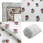 One Time Deal- 100% Cotton SANGANER Printed Quilt Comes with Bag (Double Size, 200x200 cm) - Pink & Olive Green_7370427_7