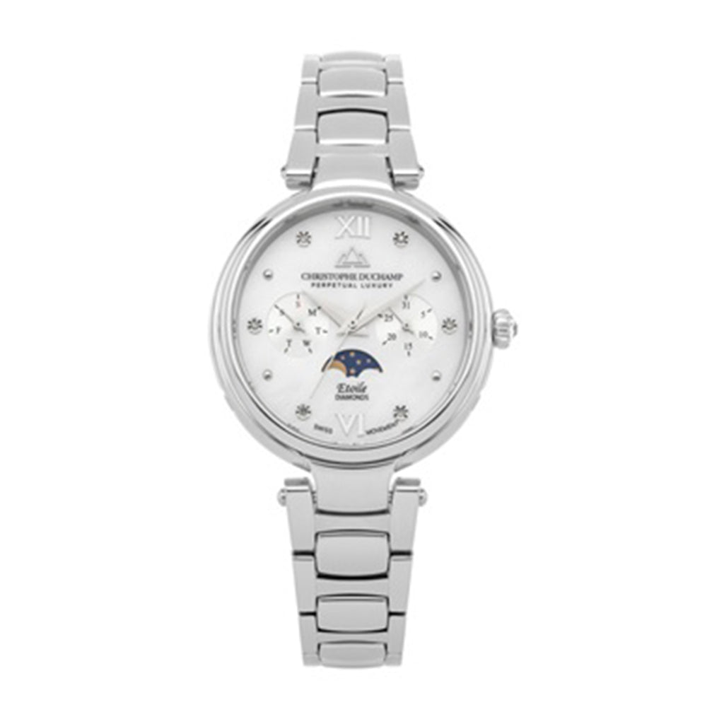 CHRISTOPHE DUCHAMP ETOILE Swiss Movement Genuine Diamond Studded 5 ATM Water Resistant Moon Phase Watch with Silver Colour Chain Strap_7381234