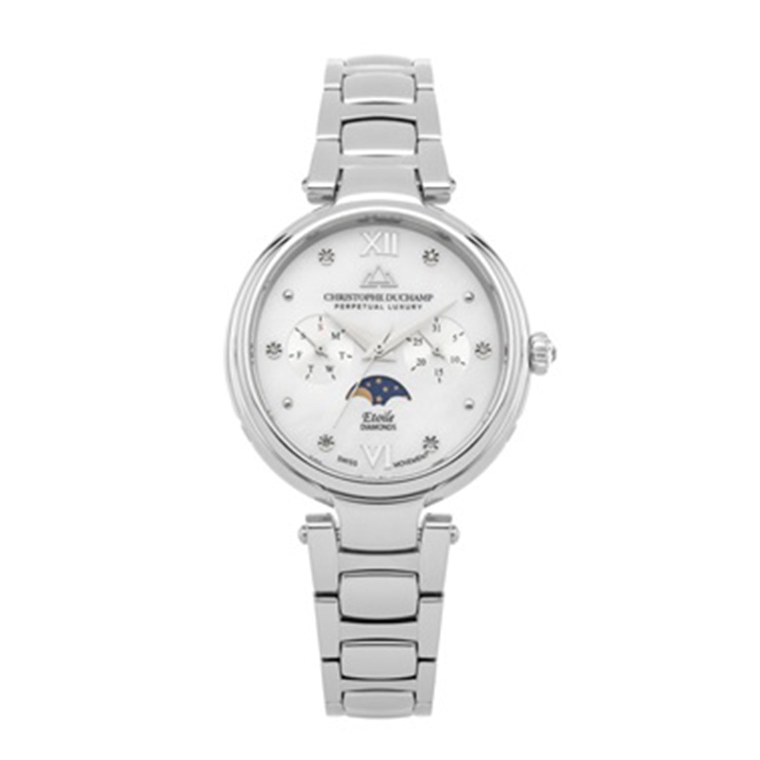 CHRISTOPHE DUCHAMP ETOILE Swiss Movement Genuine Diamond Studded 5 ATM Water Resistant Moon Phase Watch with Silver Colour Chain Strap_7381234
